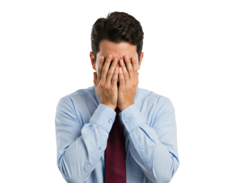 Businessman covering face in frustration png isolated on transparent background
