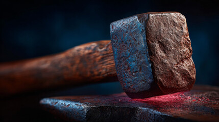 Forging Strength: A weathered hammer strikes a hot, glowing anvil in a dramatic display of artisanal craftsmanship, conveying the powerful essence of creation and resilience.