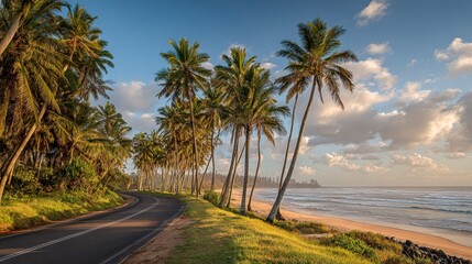 Obraz premium Coastal Road with Palm Trees: A Scenic Tropical Beach Landscape at Sunset