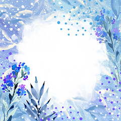 Botanical blue textured background with delicate watercolor flowers and leaves. Botanical romantic elegant background, texture with leaves