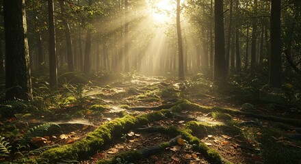 Obraz premium Sunlight streams through forest canopy, creating a stunning, peaceful natural landscape scene