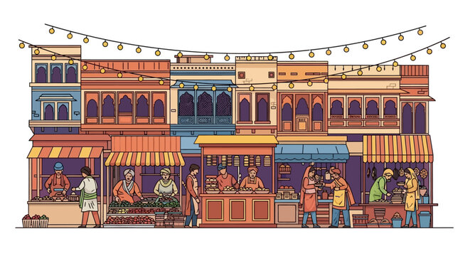 Naklejki Colorful line art illustration of a bustling Indian street market with food stalls and traditional architecture under festive lights.