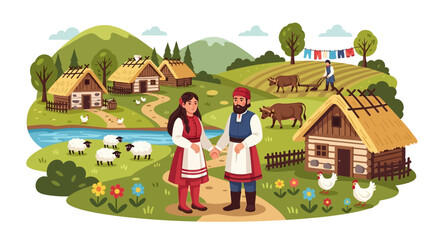 Naklejka premium Couple in Traditional Folk Attire Holding Hands in a Rural Village Scene
