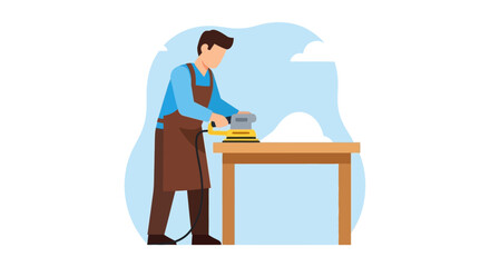 Craftsman Sanding Wood Surface with Electric Sander on Table