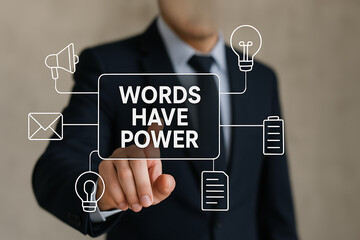 WORDS HAVE POWER. Concept of word have power. Copywriting storytelling marketing. Business and education english language learning