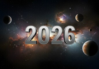 2026 Space Odyssey: 3D Render of a Futuristic New Year in the Cosmos