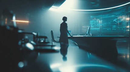 Futuristic AI assistant standing next to a sleek professional desk in a modern high-tech workspace. Holographic display in hand