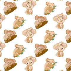 cute kawaii koala baby seamless pattern background