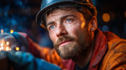 Fototapeta premium Industrial Worker: A close-up portrait of a hardworking industrial worker, wearing protective gear, gazing thoughtfully with a background of blurred industry settings.