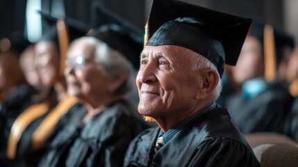 Fototapeta premium Elderly Man Celebrating Graduation Day in Cap and Gown at Commencement Ceremony Surrounded by Fellow Graduates and Joyful Atmosphere