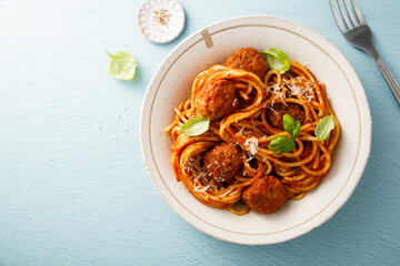 Spaghetti with meatballs and cheese