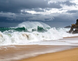 Fototapeta premium Dramatic ocean waves crash on a sandy beach under a stormy sky