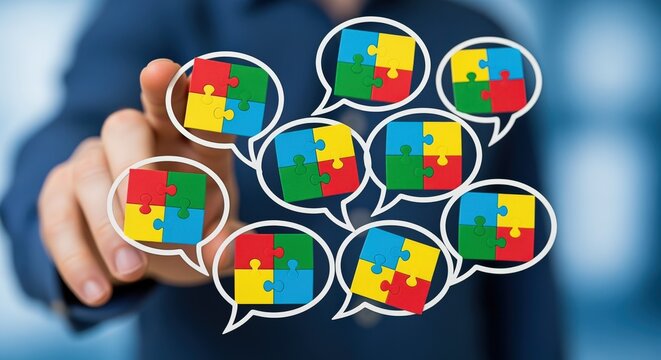 Person Pointing at Jigsaw Puzzle Pieces in Speech Bubbles Representing Problem Solving and Strategy