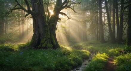 Fototapeta premium Magical Sunrise in a Mossy Forest.