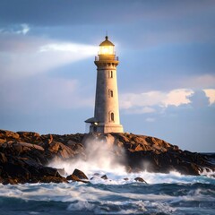 Naklejka premium Coastal lighthouse with bright beam against dramatic sky and crashing waves