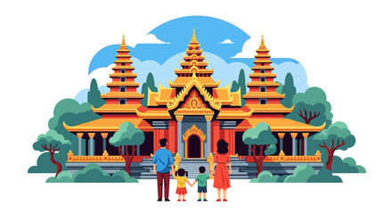 Family of four with two children sightseeing at a grand traditional Southeast Asian temple.