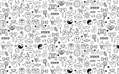 hippie retro doodle set peace love good vibe cute kawaii hand drawn seamless pattern