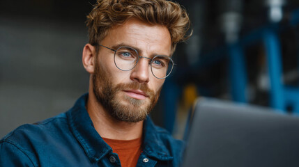 Fototapeta premium Focused Analyst at Work: A close-up shot captures a focused individual engrossed in their work, clad in a casual shirt, with spectacles perched on their nose.