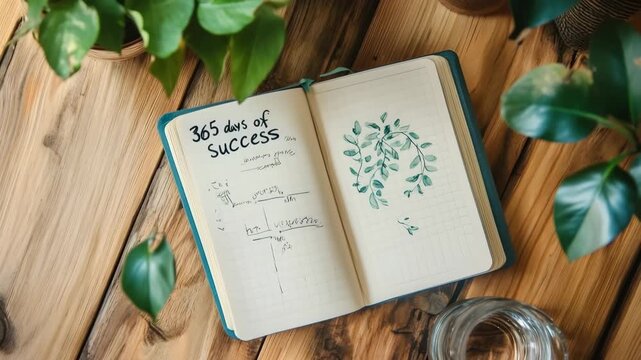 Notebook showing 365 days of success plan on wooden table