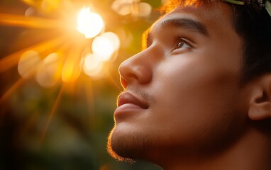 A man gazes upward, bathed in warm sunlight amidst a natural setting, reflecting tranquility