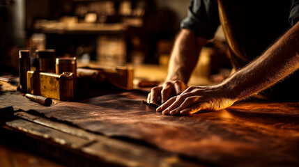 Traditional leather crafting, artisan cutting hide