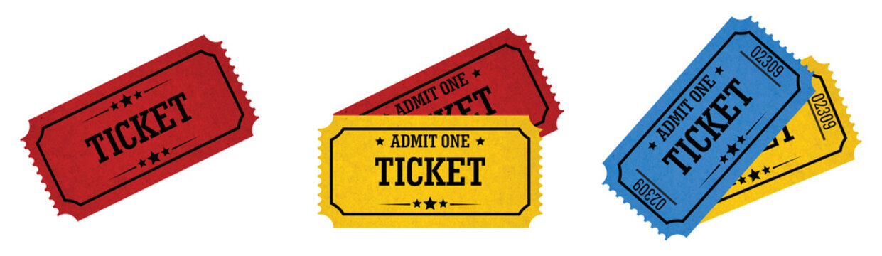 Vintage colorful admit one tickets collection. Red, yellow, blue event ticket template