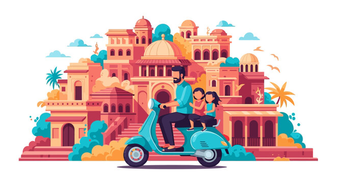 Father and two daughters riding a turquoise scooter through a vibrant Indian cityscape.