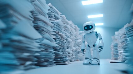 AI robot with humanoid form standing in a pristine white minimalist space featuring glowing blue accents. Helping sort documents