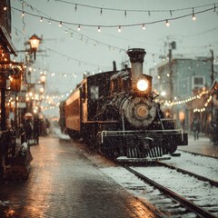 Obraz premium Vintage train in snowy town at night