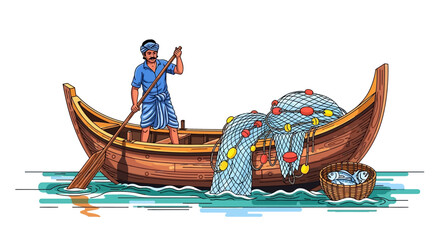 Fisherman Rowing Boat with Net and Basket of Fish