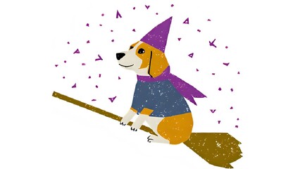 Fototapeta premium A brown and white Beagle dressed in a fantasy style sits on a witch's broomstick floating in the sky.