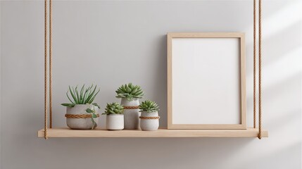 Minimalist Home Decor Mockup Featuring a Blank Frame and Succulents on a Wooden Shelf