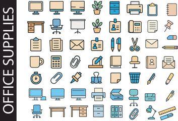 Office Supplies & Workplace Equipment Color Icon Set. Business & Stationery Symbols.