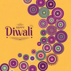 Happy diwali greeting template featuring ornamental circular motifs, mandala-inspired rangoli art, and bright festive colors, ideal for seasonal social media graphics, printed invitations and posters