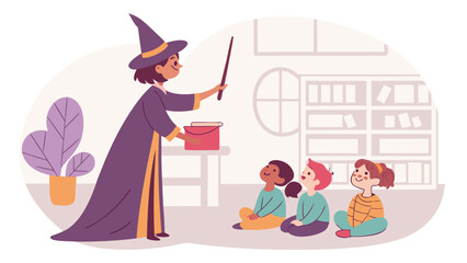 A witch in a purple robe and hat performing a magic trick for children sitting on the floor indoors
