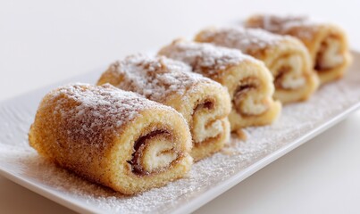 Professionally Styled Swiss Roll Cake with Powdered Sugar: Soft Filling, Overhead White Background for Bakery Menu, Advertising, Ecommerce
