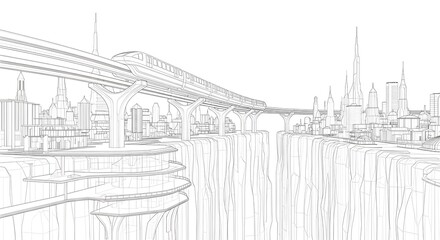 Architectural line drawing of a futuristic city with a monorail train crossing a vast chasm.
