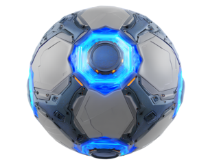Blue neon glowing futuristic soccer ball isolated on transparent background