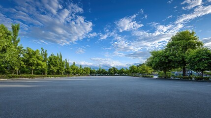 Fototapeta premium Scenic Empty Asphalt Space Surrounded by Green Trees and a Bright Blue Sky with Clouds