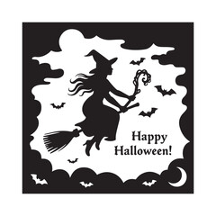 A spooky Halloween greeting card featuring a bold black vector silhouette of a classic witch joyfully flying on a broomstick across a full moon. 