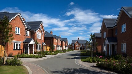 Newly constructed houses on a recently developed residential area in England. Modern and brand-new dwellings suitable for families. Positive portrayal ...