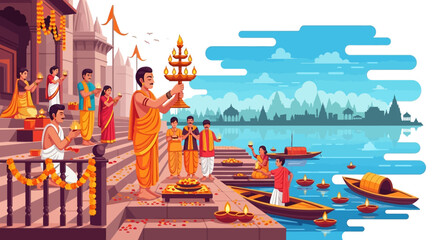 Hindu priest and devotees performing the Ganga Aarti ceremony on sacred river ghats.