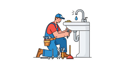 Illustrated male plumber in blue overalls and cap, kneeling to fix a white sink with a wrench and various tools.
