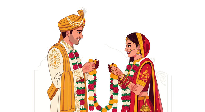 Illustrated Indian bride and groom in traditional attire exchanging flower garlands at their wedding.