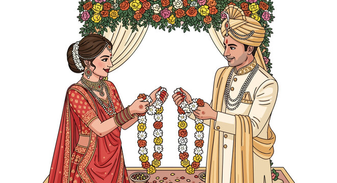 Illustrated Indian couple in traditional attire exchanging varmala flower garlands.
