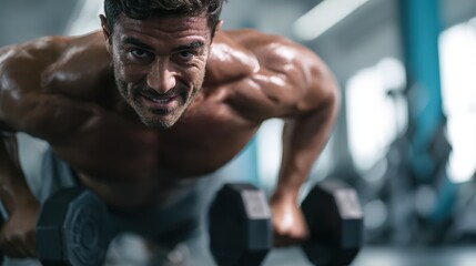 Determined Fitness Enthusiast Performing Push-Ups with Dumbbells in a Modern Gym Setting for Strength Training and Health Improvement