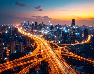 Fototapeta premium City highway network at night with interconnected nodes