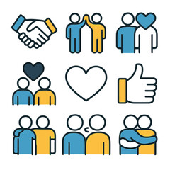 Obraz premium Vector illustration representing connection cooperation and friendship featuring handshake high five hearts thumbs up and embracing figures for business and social concepts