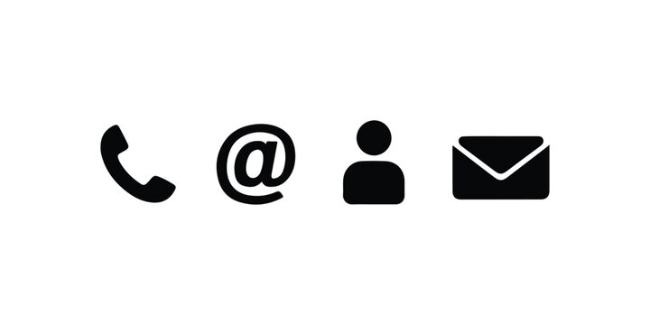 Contact Icons Set &ndash; Phone, Email, At Symbol, and User Profile in Solid Black Silhouette.

