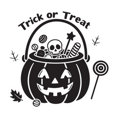 A striking black silhouette vector illustration depicts a Halloween pumpkin-shaped candy bucket on white Background. 